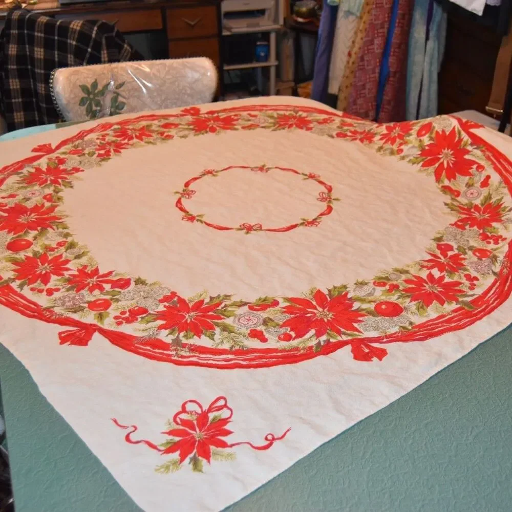 Vintage Christmas Poinsettia Tablecloth Square Holiday Red Green 50x50